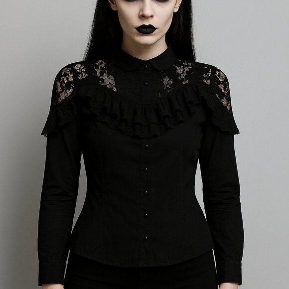 JawBreaker Tops - Jawbreaker Goth Black Lace Long Sleeve Blouse with lace print skulls.
